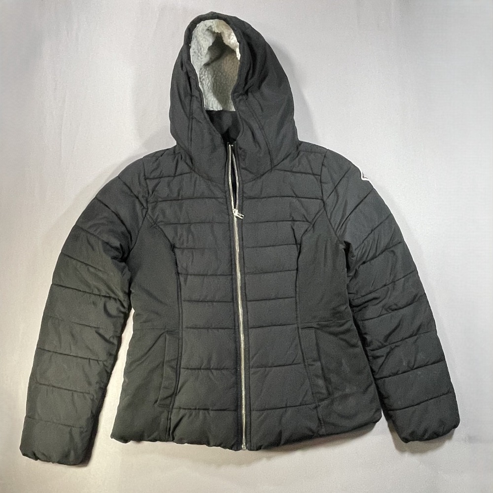 Hollister Sherpa Lined Puffer Jacket Womens M Black Hooded Quilted Coat